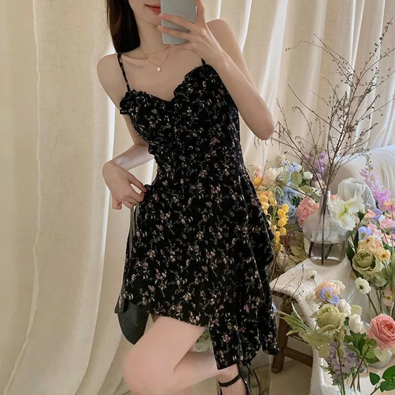 Mulheres primavera verão novo design pequeno e sofisticado sentido alça floral preto fungo borda emenda vestido