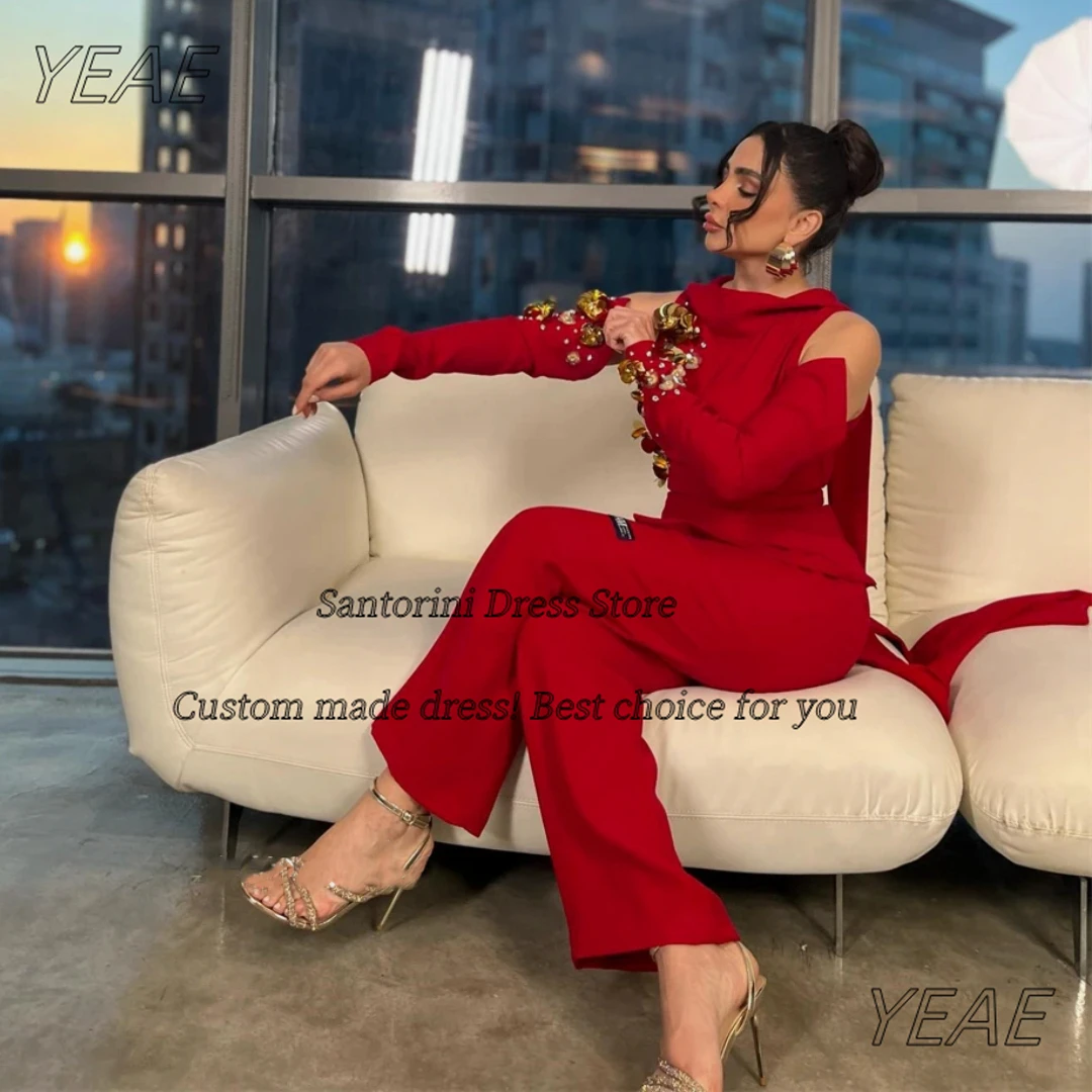 Santorini Aangepaste Broek Past Vrouwen Dragen Speciale Banket 3D-Bloemen Lange Mouwen Prom Jurken Twee Stukken Avondjurken