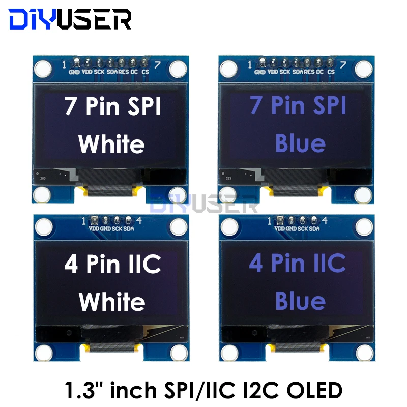 DIYUSER 1,3-calowy moduł OLED RoHS 2,54 mm zaciski przyłączeniowe SPI/IIC I2C komunikacja biały/niebieski kolor 128X64 1,3 "OLED