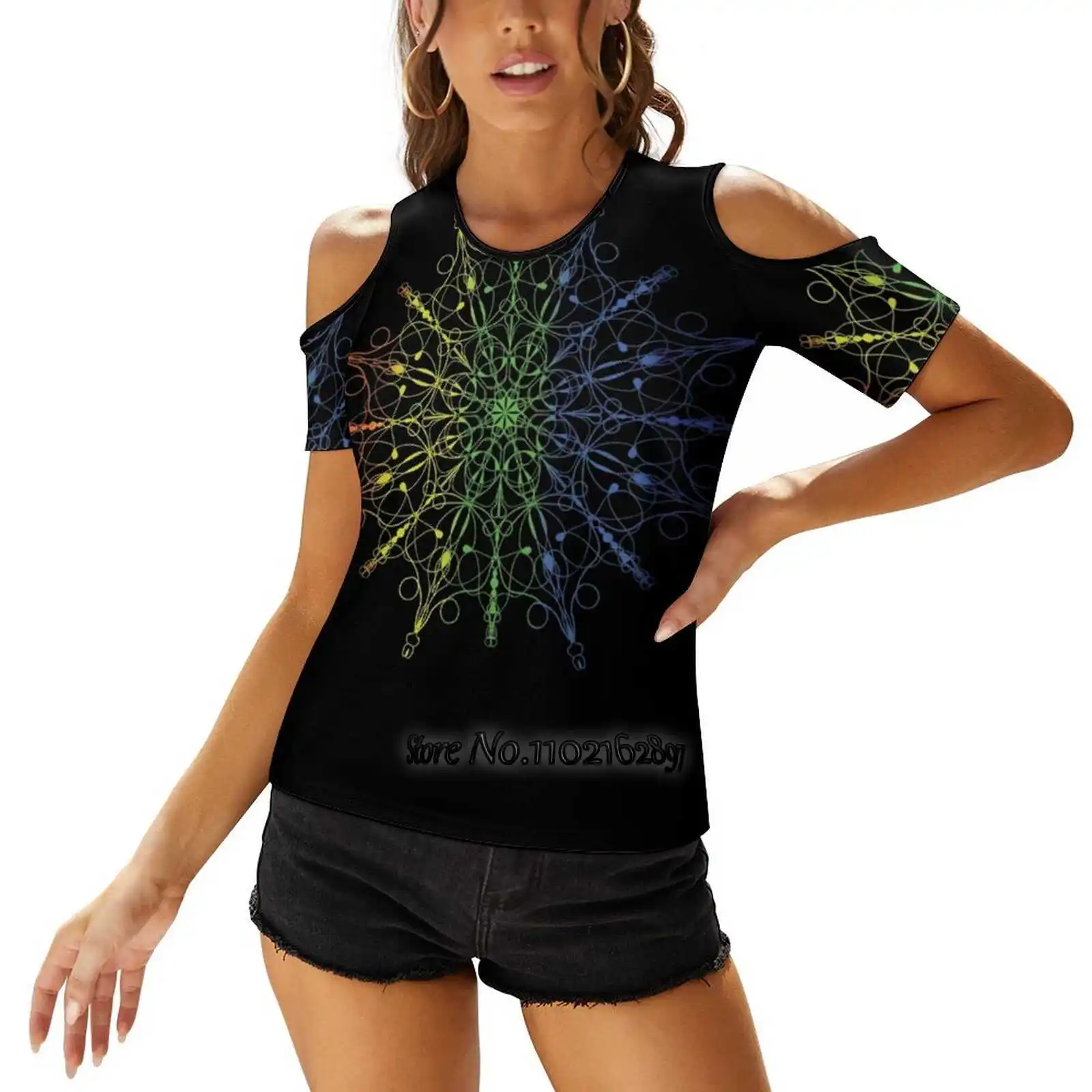 Rainbow Mandala ( On Black Background ) Women's Tops Tee Ladies Casual Sexy T-Shirt Back Lacing Clothing Rainbow Pattern