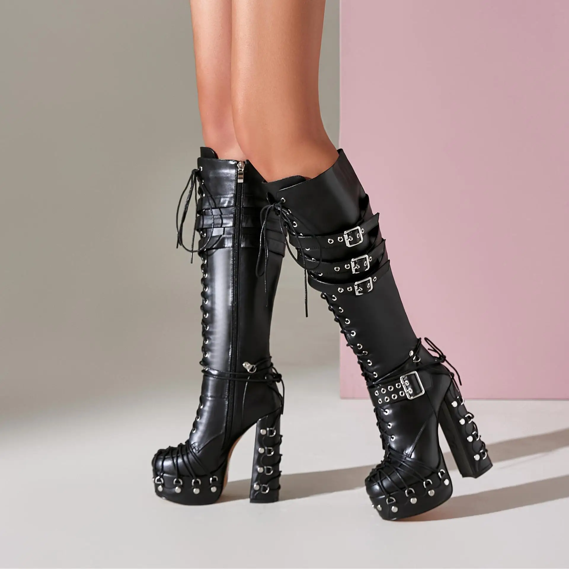 جديد سميكة القاع الأزياء برشام حذاء برقبة للركبة أحذية النساء Zapatos Mujer