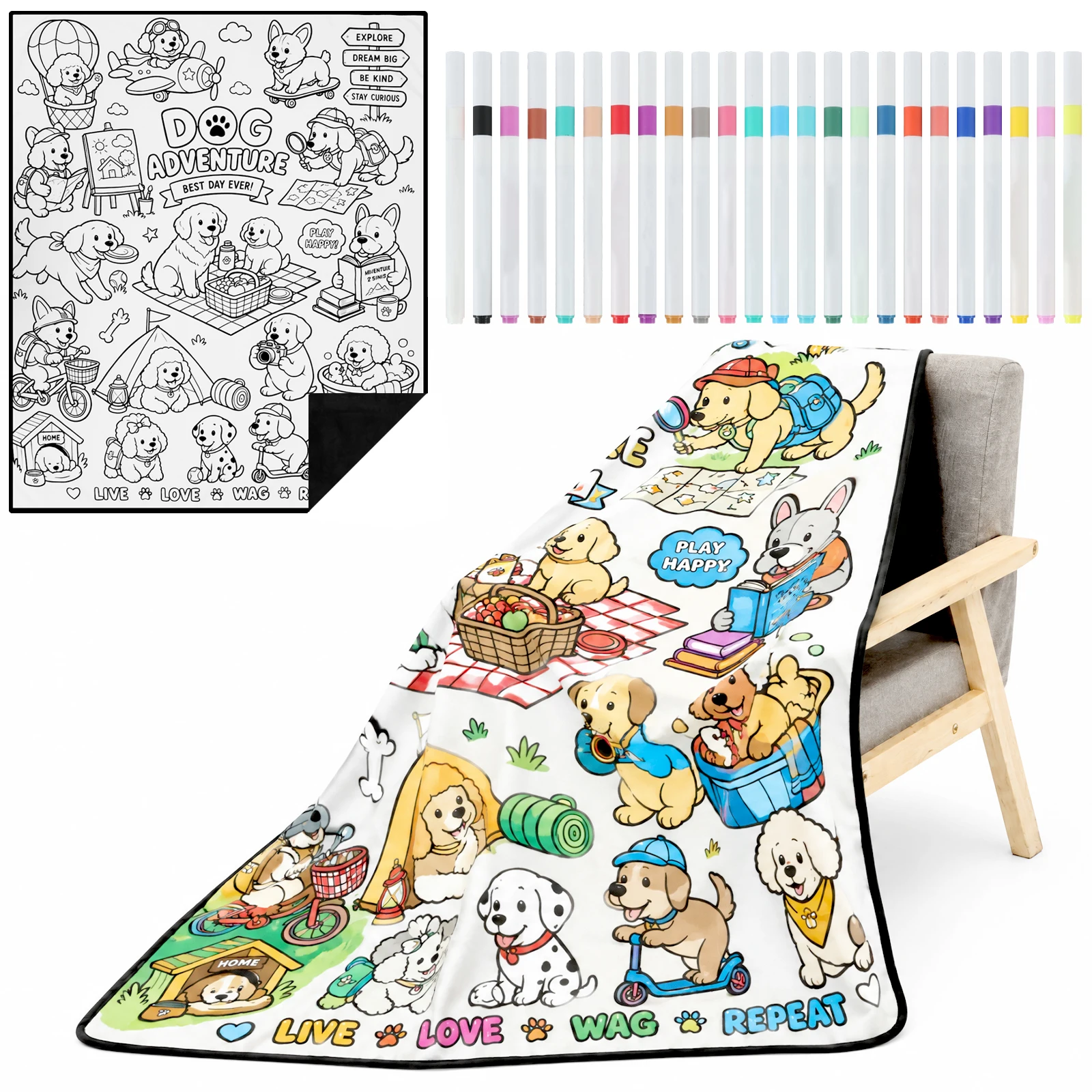 DIY Coloring Blanket with 24 Marker Pens Canvas and Flannel Double Sided Blanket for Sofa Bedroom Nap Time DIY Coloring Carpet