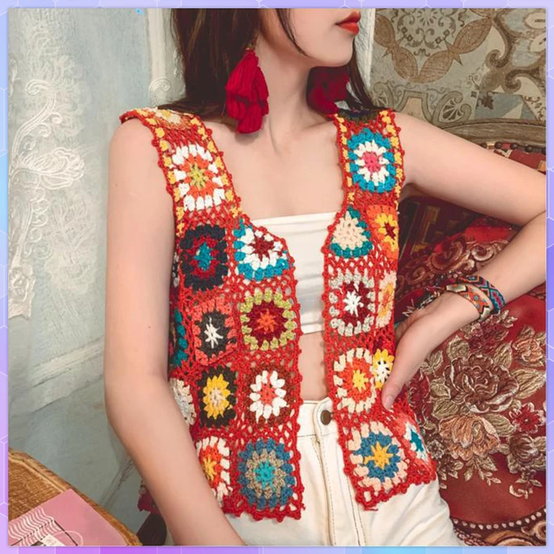 Crochet Women Knitted Vest Summer Retro Sleeveless Ladies Vests Jacket Cardigan Boho Coats Bohemian Beach Embroidery Waistcoat