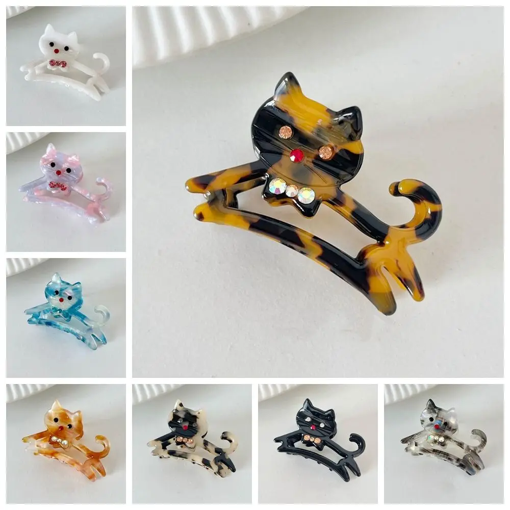 Cute Acetic Acid Acetate Animal Cat Hair Claw Cartoon Diamond Rhinestone Hair Clip Hollow Headdress Shark Clip Daily