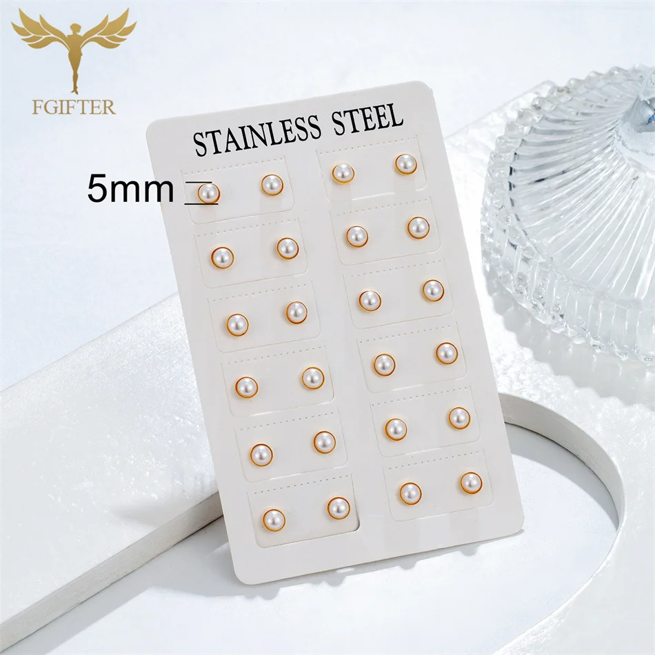 12 Pairs Pack Golden Stainless Steel Stud Earings for Women 5-10mm Half Artificial Pearl Earrings Set piercing acier inoxydable