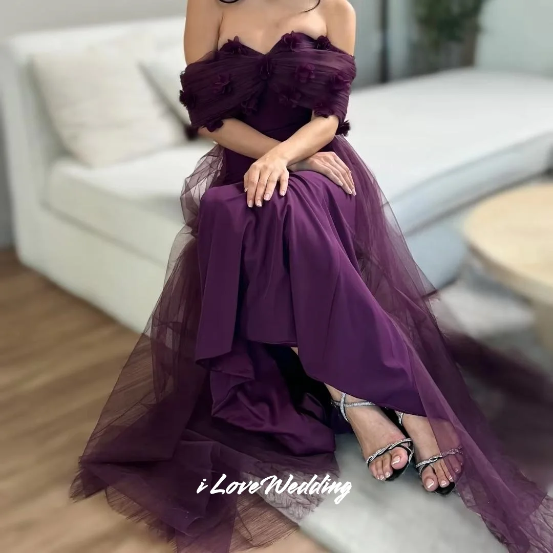 Purple Strapless Evening Dress 2025 Off Shoulder 3D Flowers Mermaid Backless Floor-Length Pleated Wedding Party Dress Customized