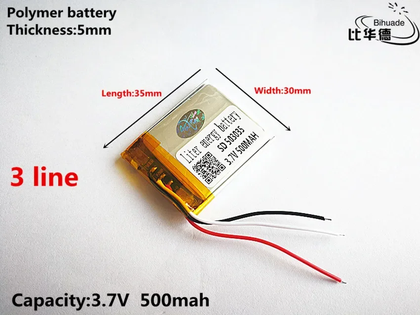 5pcs/lot 3 line Good Qulity 3.7V,500mAH,503035 Polymer lithium ion / Li-ion battery for TOY,POWER BANK,GPS,mp3,mp4