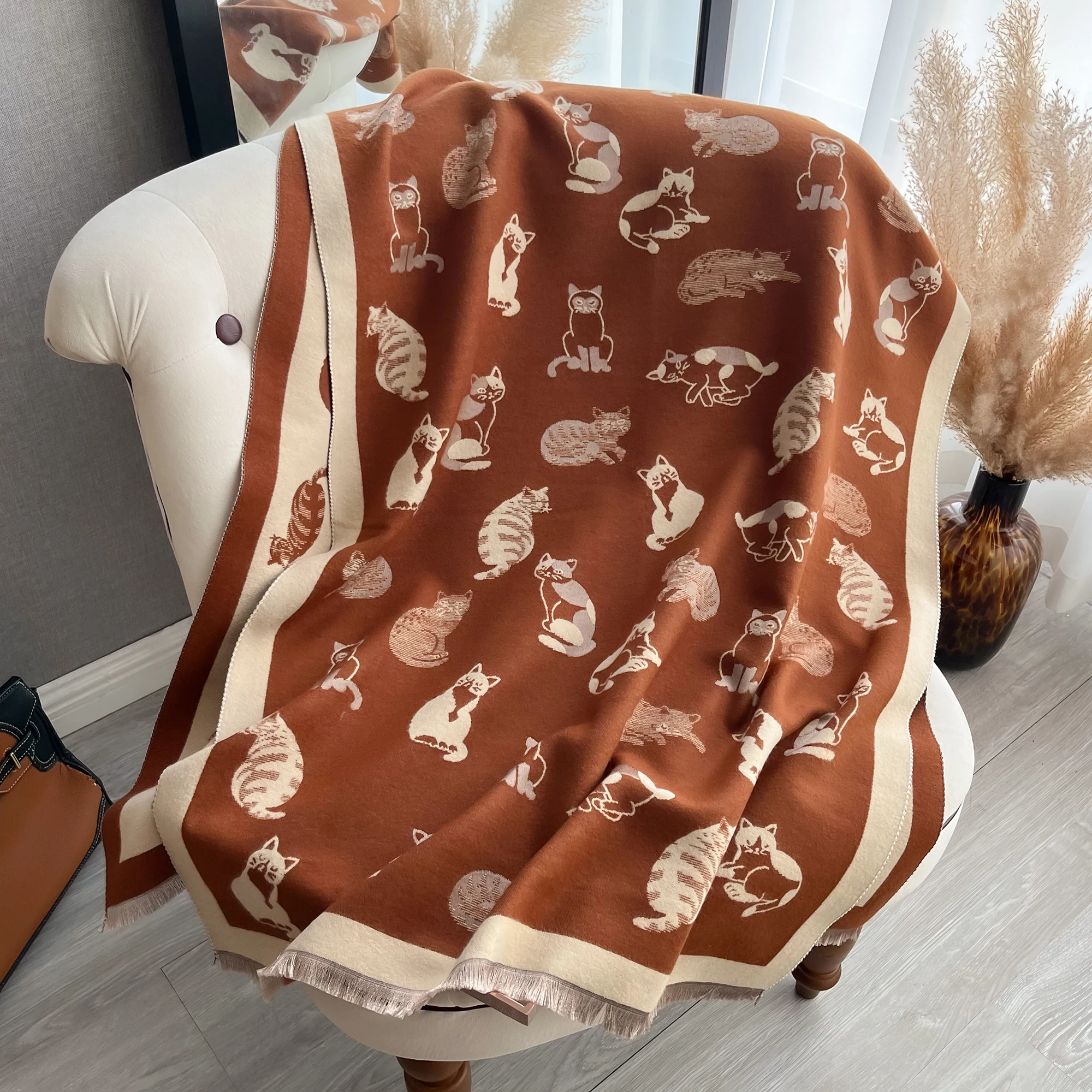 Frauen Neueste Tier Jacquard Katze Schal Imitation Kaschmir Weiche Warme Fransen Schal Herbst Winter Kältebeständig Winddicht Decke 2025 – Detail 26