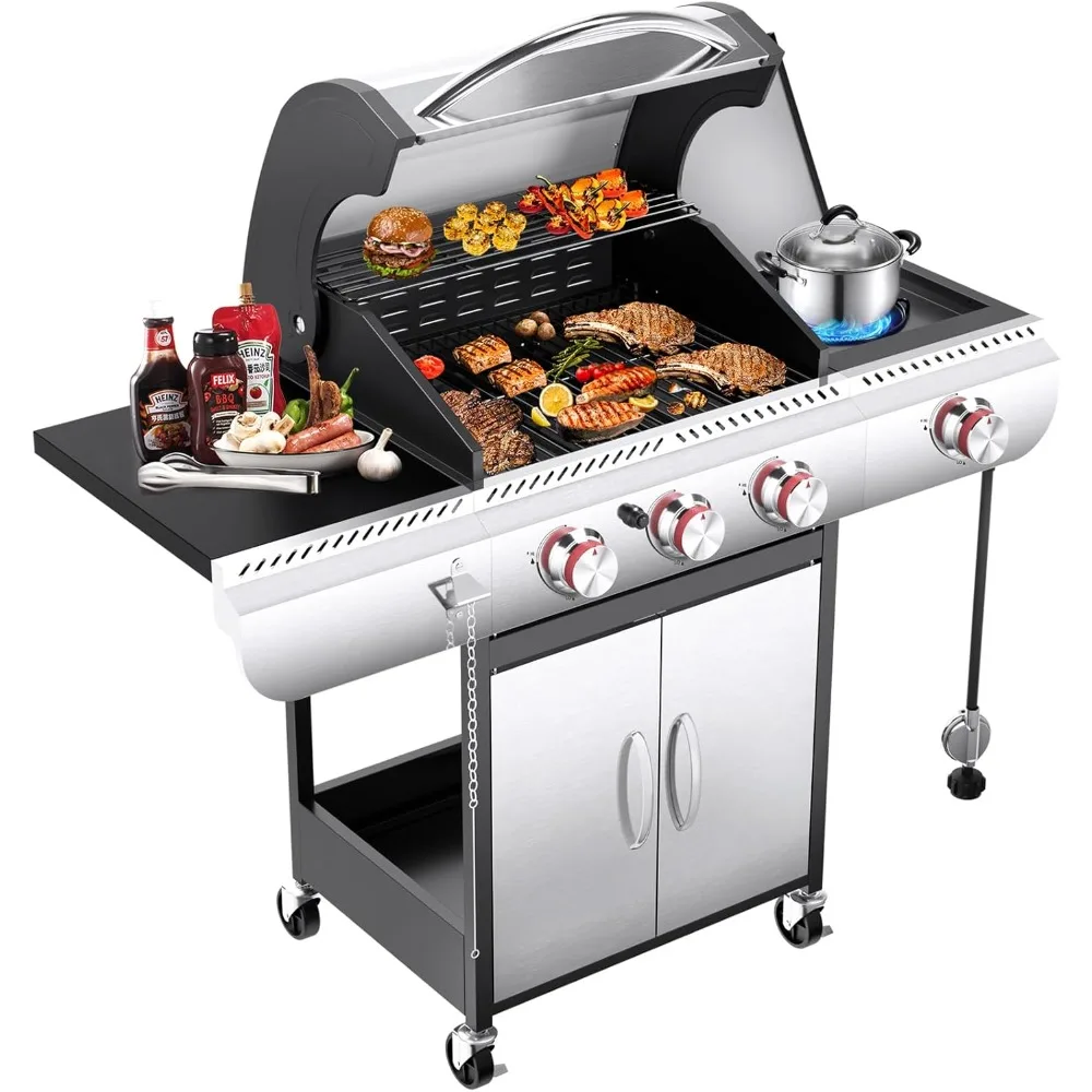 3 Burners Propane Gas Grill with Side Burner, 34000 BTU BBQ Grills for Outdoor Cooking, Removable Grease Tray, Barbecue Grill