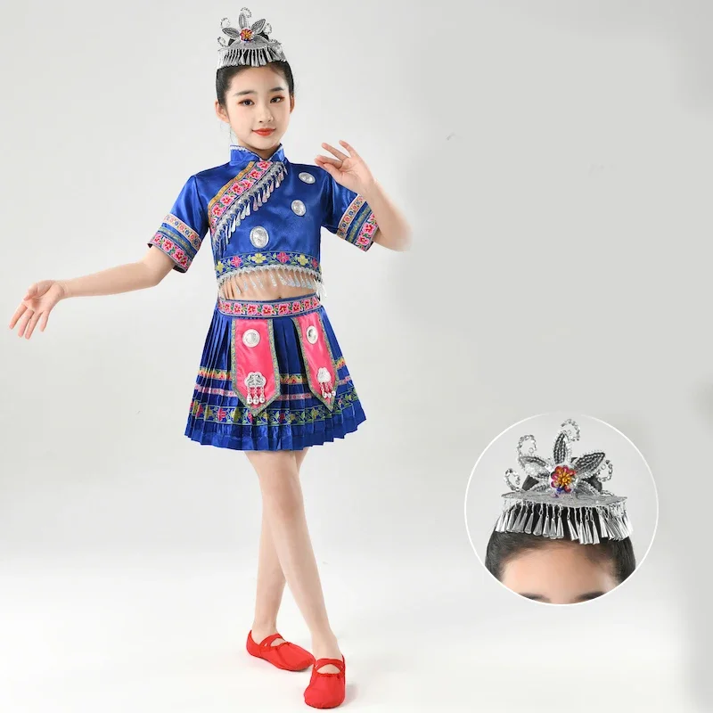 Kinderen Chinese Stijl Minderheidsmeisje Miao Kostuum Dong Dance Kostuum Zhuang Meisje Performance Kostuum