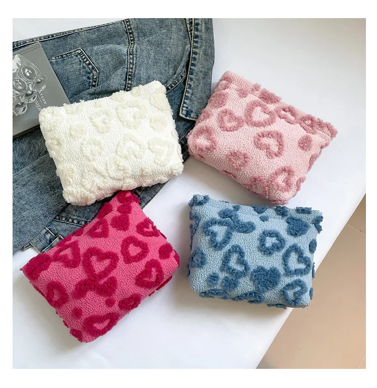 Sweet Heart Jacquard Women's Travel Clutch Storage Bag Portable Female Wash Make Up Bags Cute Ladies Soft Plush Cosmetic Bags view 4