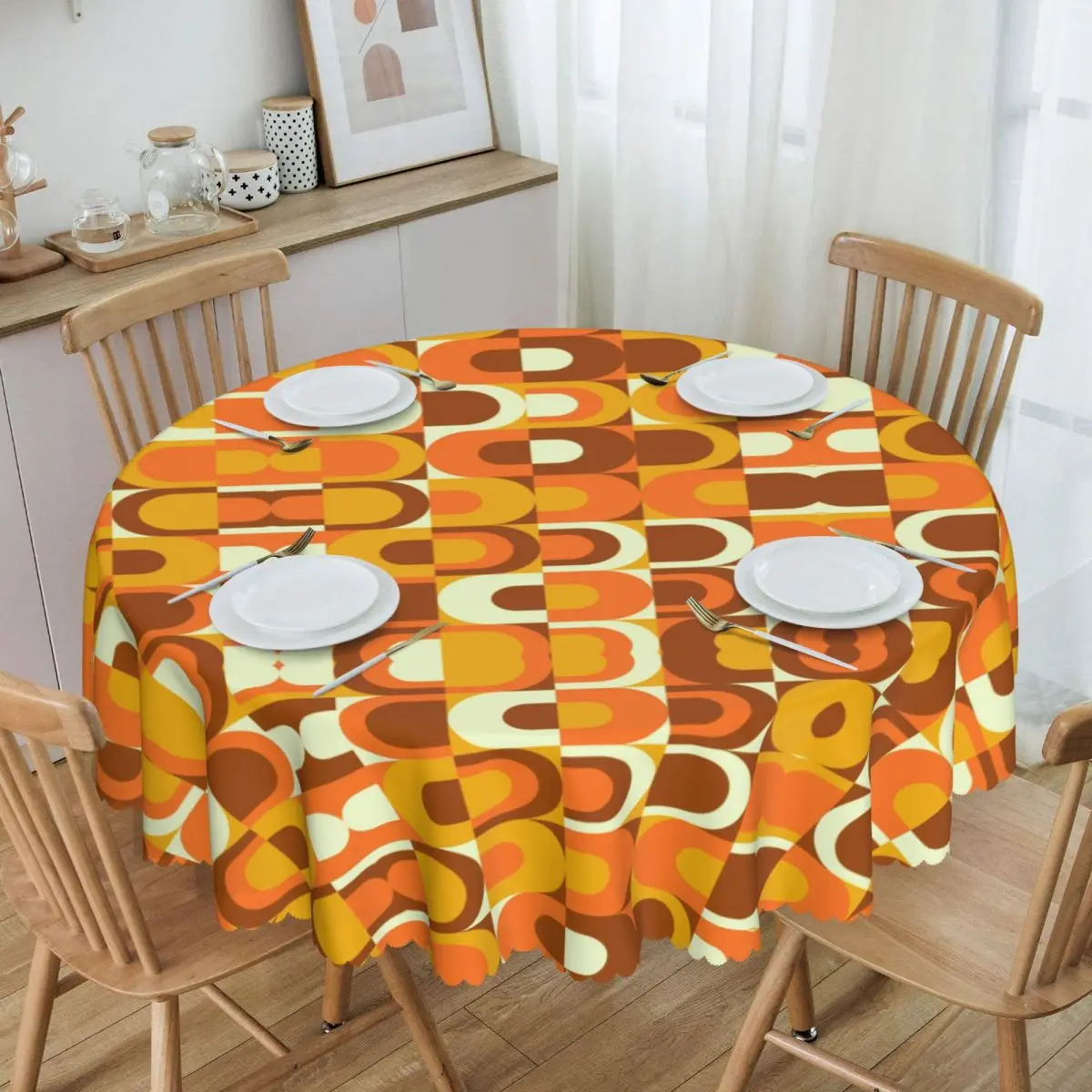 

Round 70s Pattern Retro Inustrial In Orange And Brown Tones Table Cloth Tablecloth 60 inch Table Cover for Kitchen Dinning