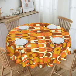 Round 70s Pattern Retro Inustrial In Orange And Brown Tones Table Cloth Tablecloth 60 inch Table Cover for Kitchen Dinning