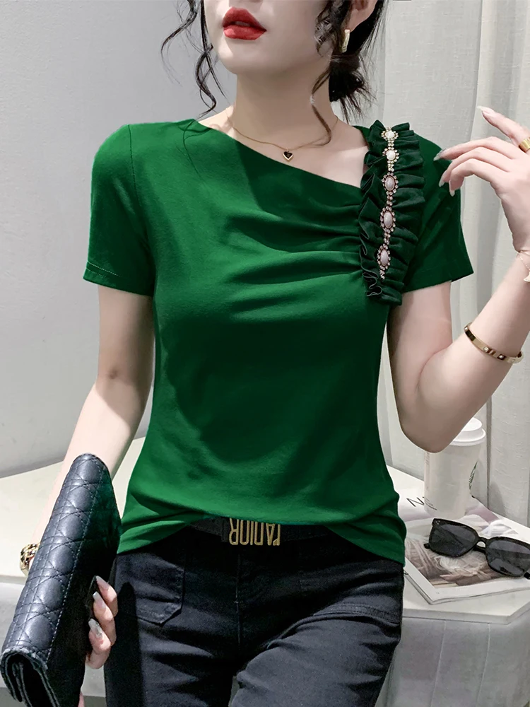 

Модный женский топ с рюшами и асимметричным воротником, летняя одежда, европейский дизайн, стильный и универсальный...