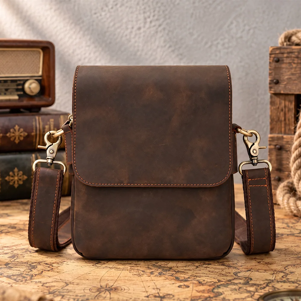 Men's Crazy Horse Leather Small Crossbody Bag Genuine Leather Shoulder Commuter Sling Vintage Casual Chest