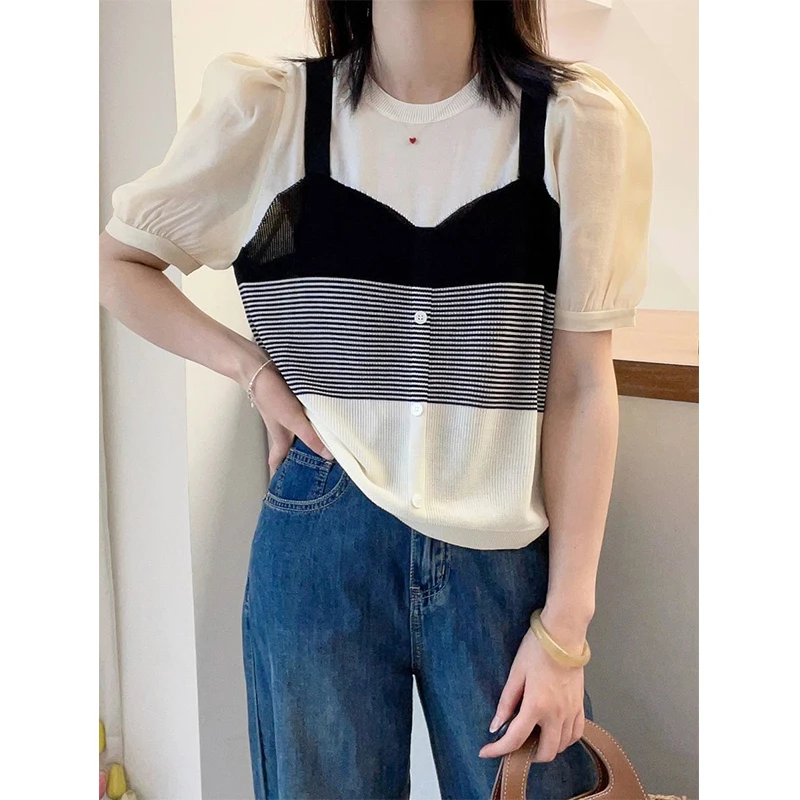 Summer Fashion Fake Two Pieces Striped Knitting Patchwork T-shirt Lady Loose Casual All-match Oversized Vintage Pullover Tee Top