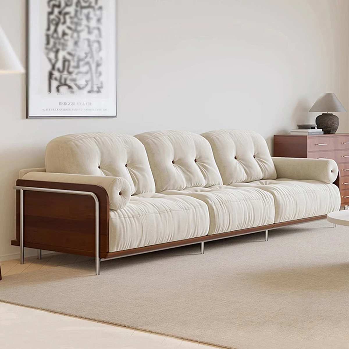 

New Italian modern simple living room retro sofa three-seat sofa solid wood fabric home sofa