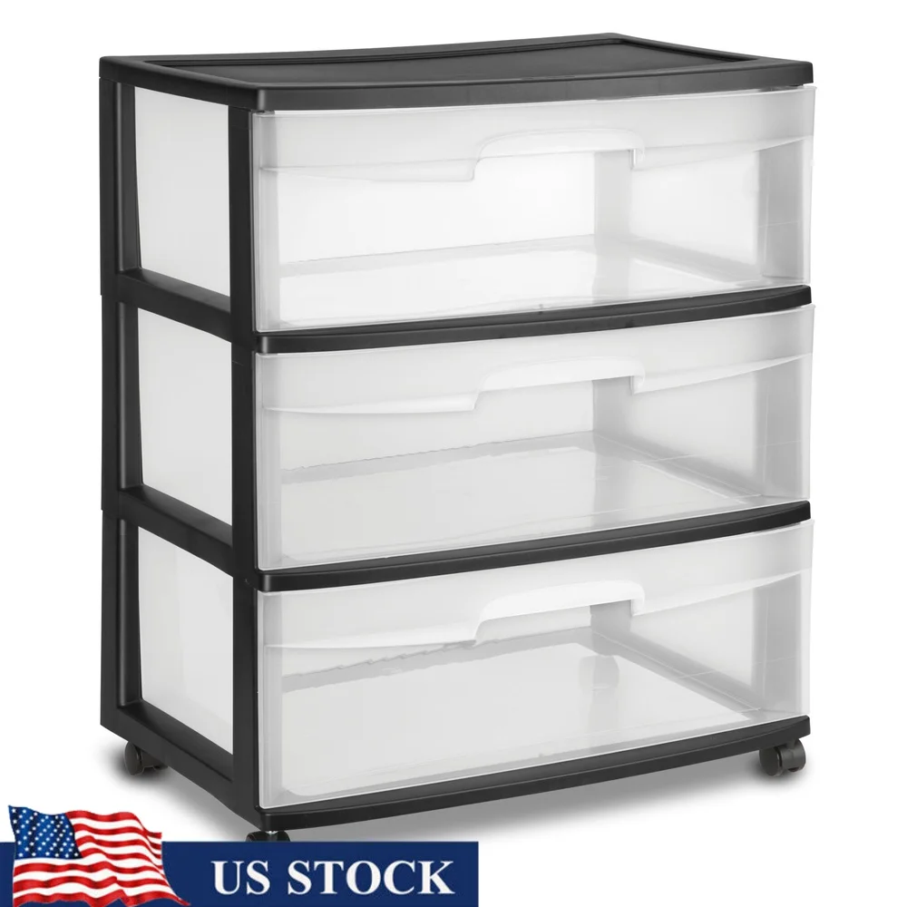 

3 Drawer Wide Plastic Storage Cart with Clear Pull Out Drawers Rolling Organizer Bedroom Kitchen Bathroom Craft Room