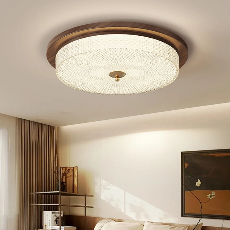 Retro Living Room Ceiling Light LED Vintage Walnut Wood Grain Book Room Lights Restaurant Ceiling Lamps Home Decoration Lighting