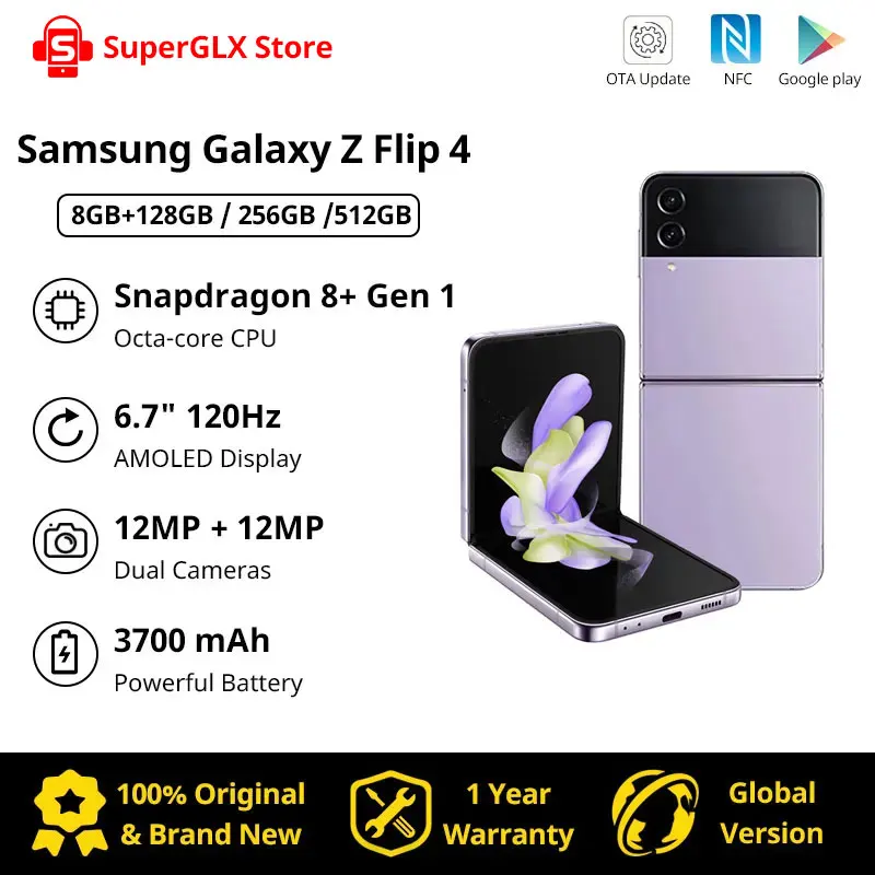 Складной смартфон Samsung Galaxy Z Flip 4, 8 Гб ОЗУ 256 Гб ПЗУ, Snapdragon 8 + Gen 1, 6,7 дюйма, 120 Гц, AMOLED дисплей