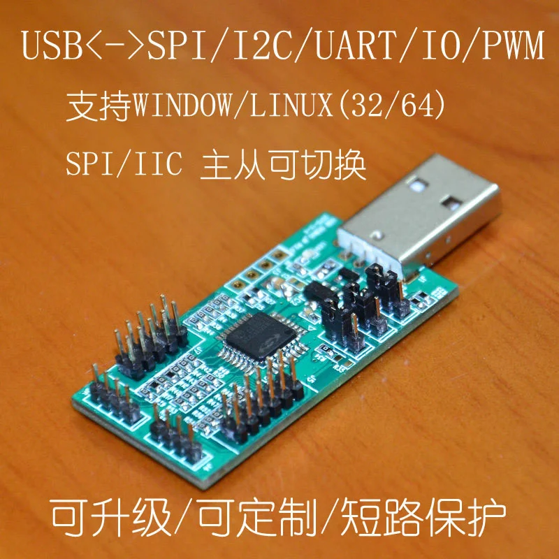 USB a UART, I2C, SPI (con ADC de 4 canales, PWM de 4 canales, 8 IO digital y software de prueba nRF2401)