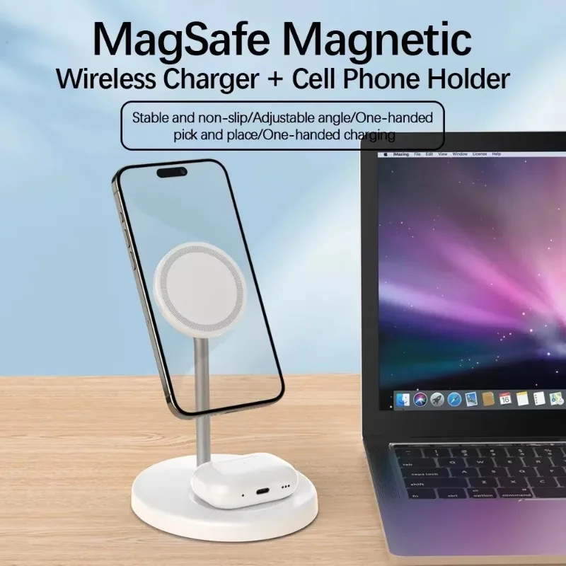 2-in-1 Fast Wireless Charging Stantion Magnetic Wireless Charger Stand for iPhone 17 16 15 14 13 12 AirPods 4/3 Pro for MagSafe