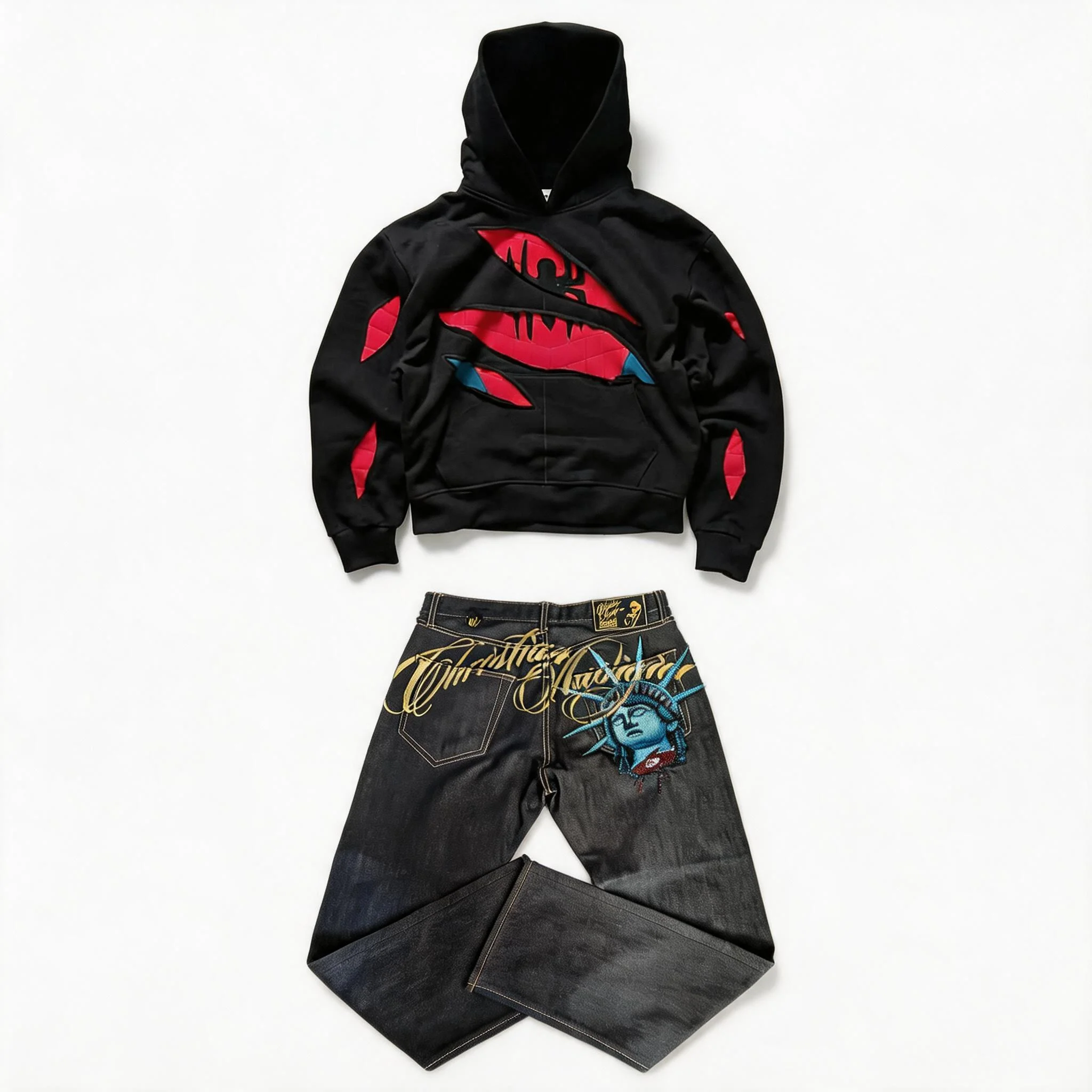 Calças Jeans Casuais com Estampa de Diamantes da Estátua da Liberdade Y2K, Hoodies Spider para Mulheres, Moda Vintage Harajuku dos Anos 2000, Conjunto