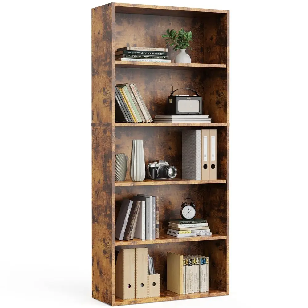 

5-Tier Bookshelves with Adjustable Shelves, loor Standing Bookcase or Home & Oice Storage, Rustic Brown