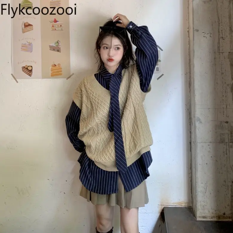 College Spring and Autumn Korean Version of Literary Style New Waistcoat Outside Overlapping Sweater Knitted Vest Women