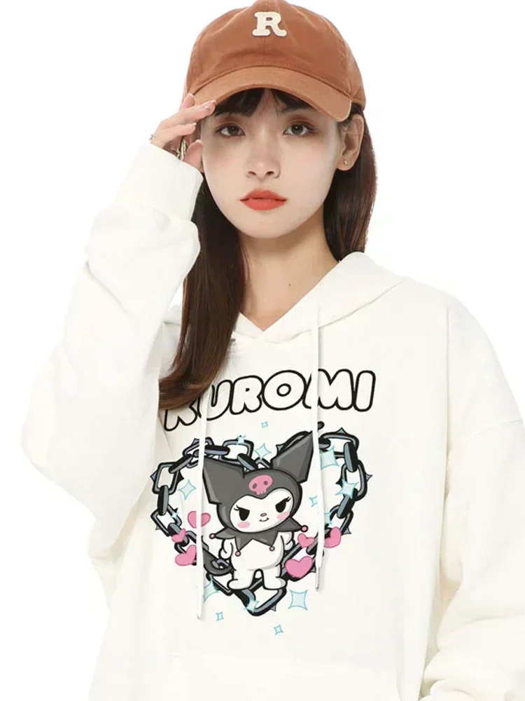 

Новый свитер с принтом Sanrio Kuromi, осень-зима 2024, модная одежда в студенческом стиле, универсальное свободное верхнее пальто для девочек, модный свитер