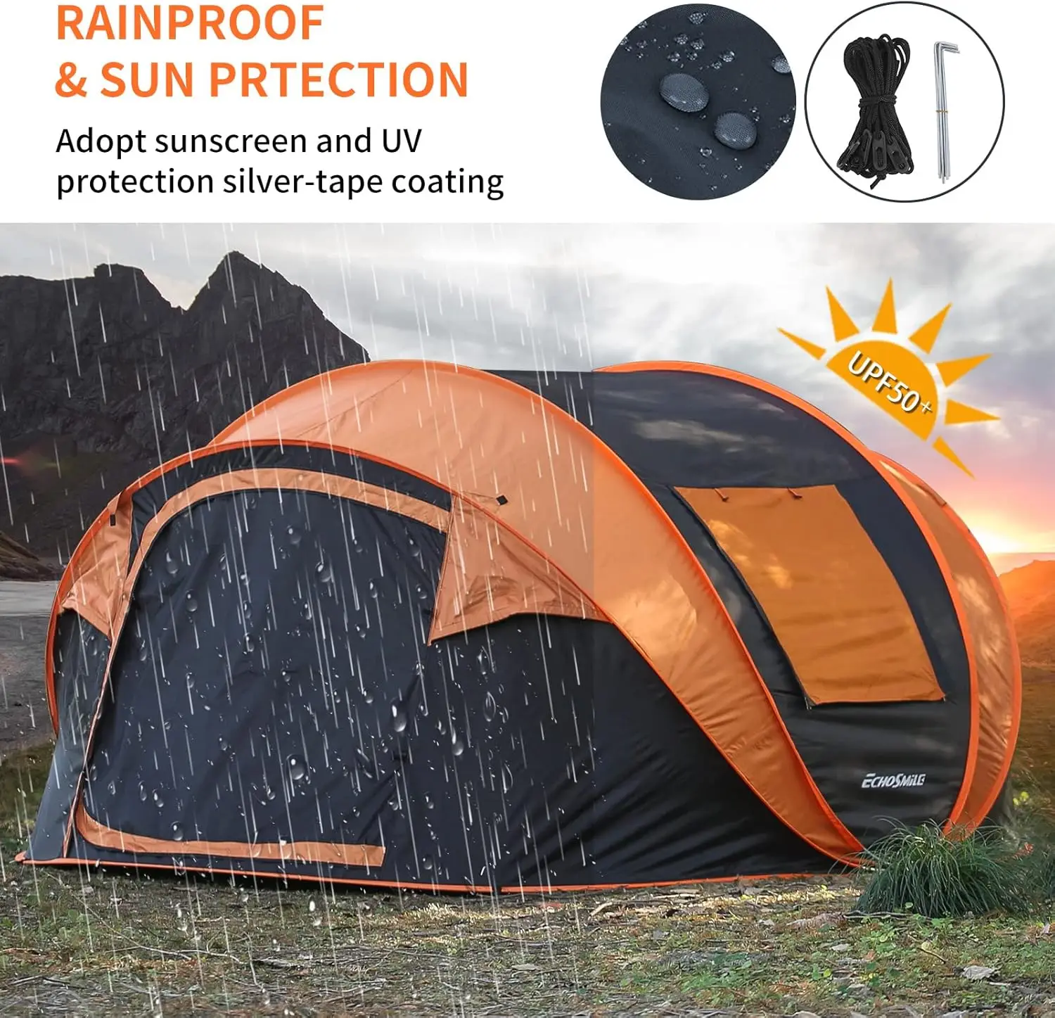 EchoSmile Camping Instant Tent, 2/4/6/8/10 Person Pop Up Tent, Water Resistant Dome Tent, Easy Setup for Camping Hiking and Outd