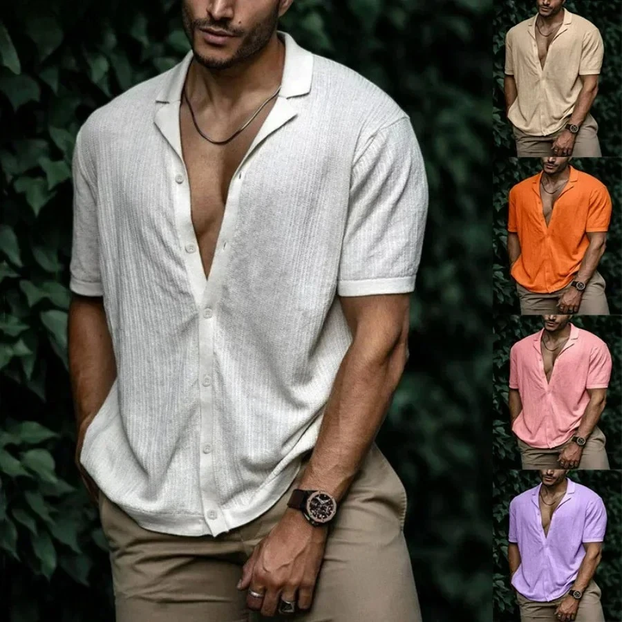 

2025 Men's Summer Casual Short Sleeve Shirts Turn-down Collar Buttoned Solid Shirts Men Clothes Loose Tops Male Fashion Shirt