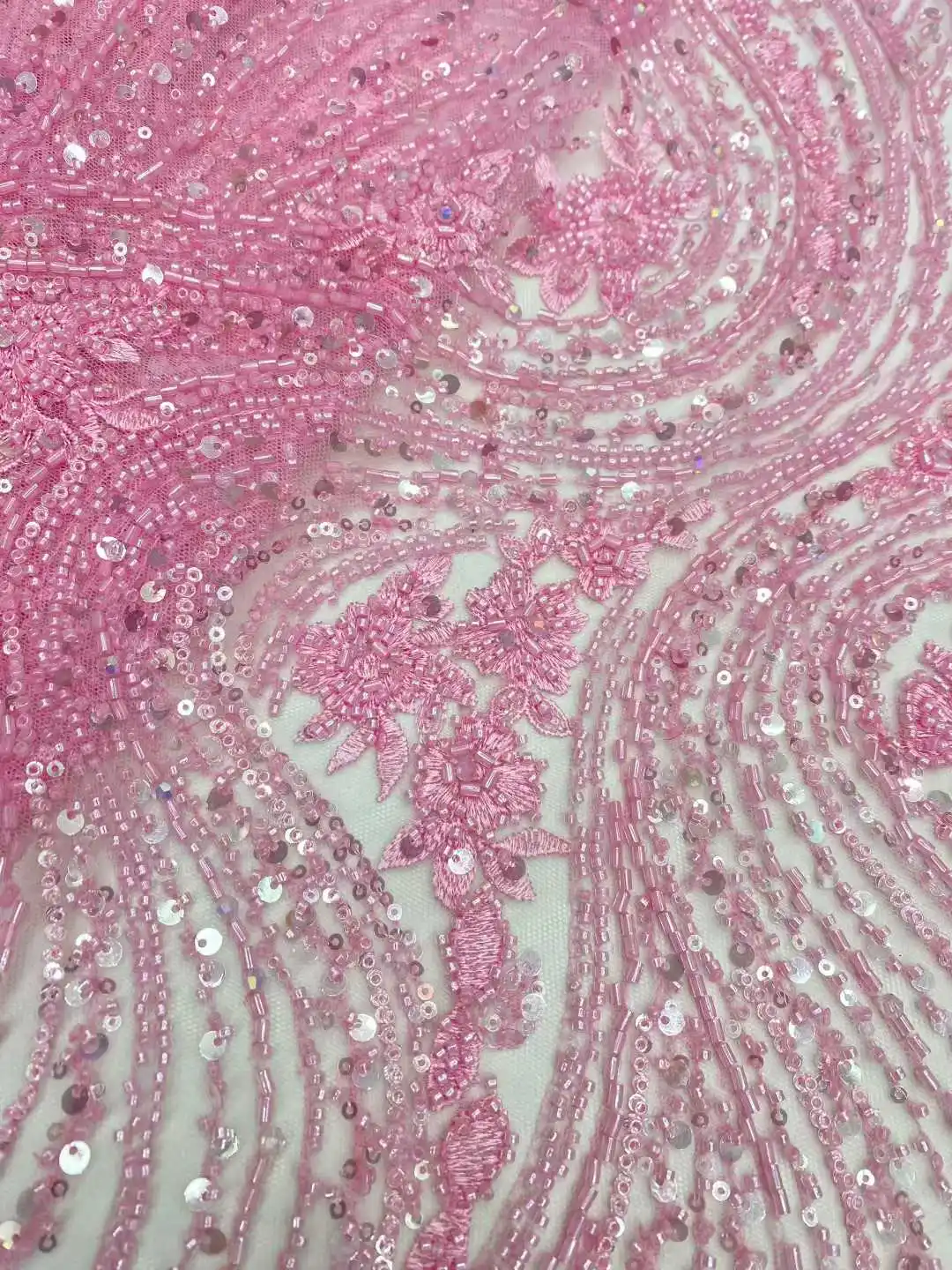 أحدث قماش دانتيل شبكي مطرز بالخرز لون وردي 2026 قماش دانتيل تول فرنسي نيجيري ترتر مطرز فساتين شبكية للنساء #2