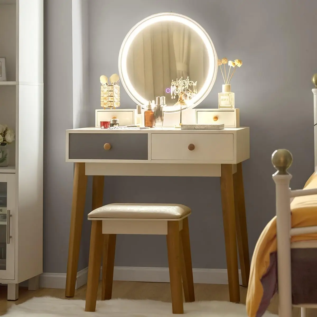 Vanity Set with Lighted Mirror, 3 Color Touch Screen Dimming Mirror, Adjustable Brightness, Bedroom Makeup Dressing Table