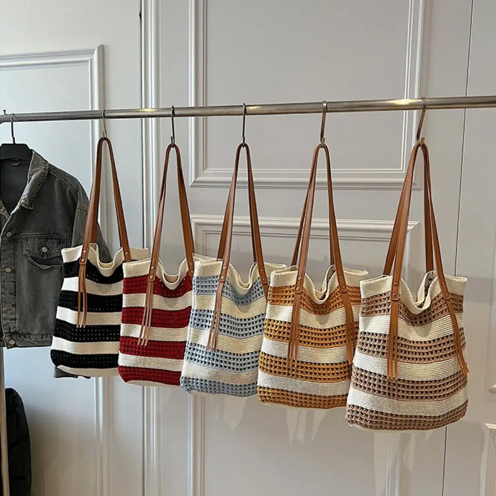 

Large Capacity Hollow Weave Tote Bag Fashion Contrast Color Bohemian Shoulder Bag Handbag Shopping Bag