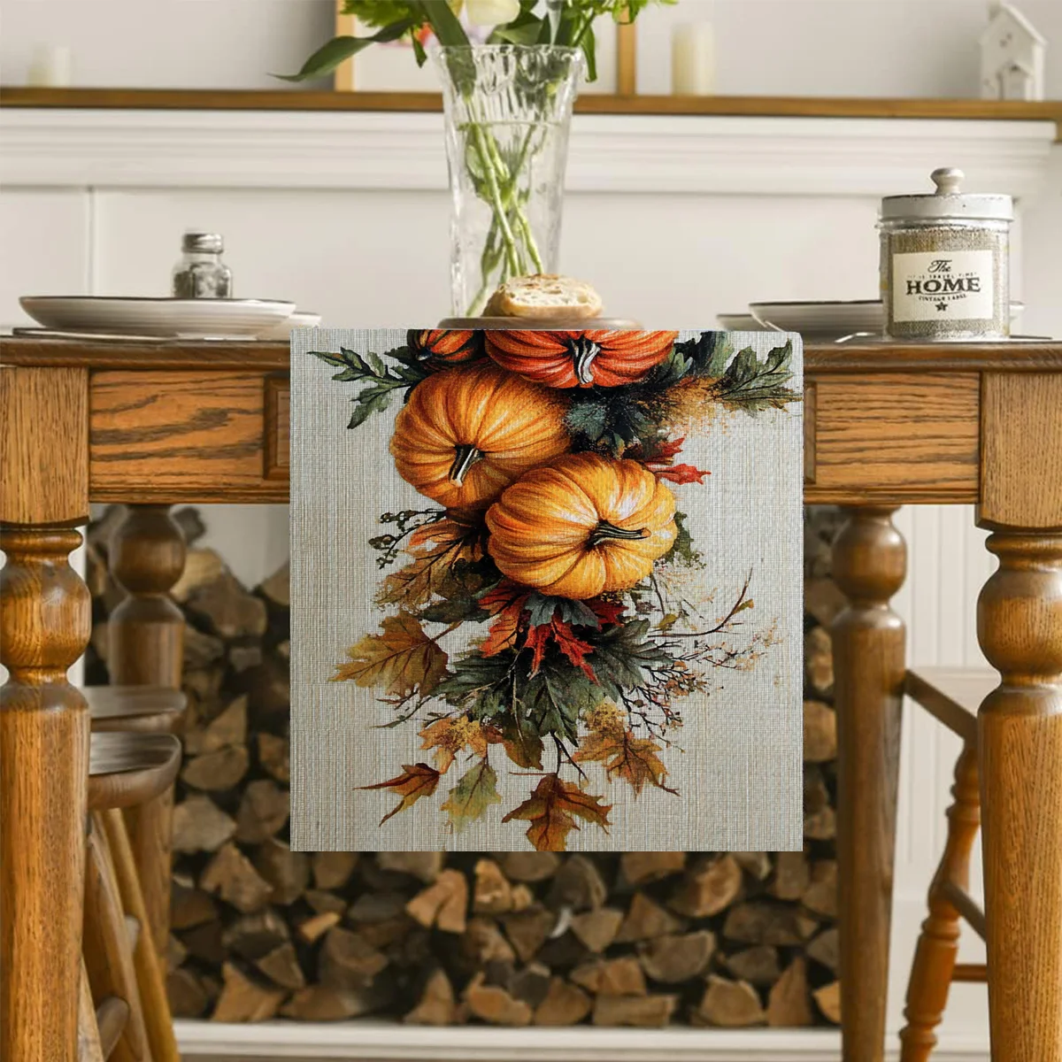 Autumn Pumpkin Table Runner Cozy Countryside Style, Square | Vibrant Fall Colors for Dining, Guest, & Coffee Tables