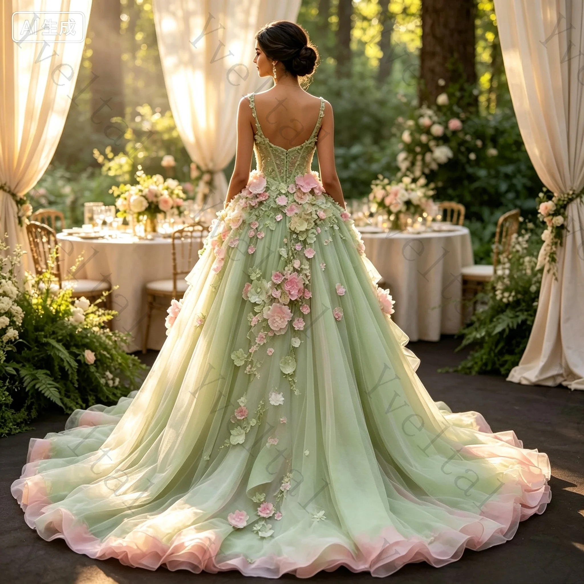 Customized Women Sweetheart Mint Green Tulle Prom Gown 3D Floral Layered A-Line Floor Length Dress for Party Wedding Events