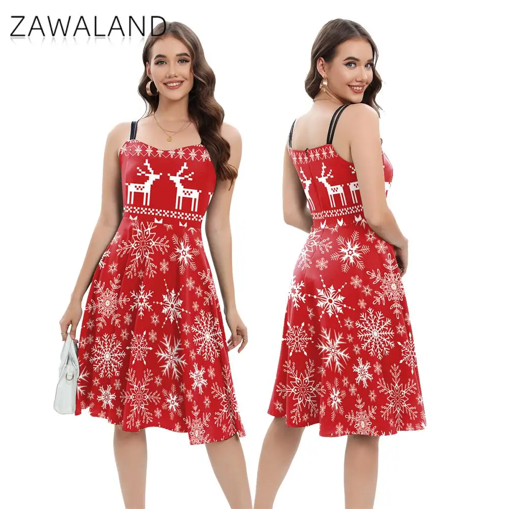 

Zawaland Dresses Women Christmas Elk Snowflake Printed Cosplay Witch Carnival Party Costume Adult Gothic Dress Halloween Clothes