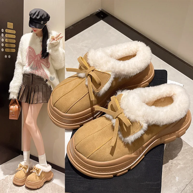 

Platform Bow Snow Boots for Women 2025 Winter New Fur Integrated Increased Fluffy Shoes Non-Slip Toe Box for Outdoors