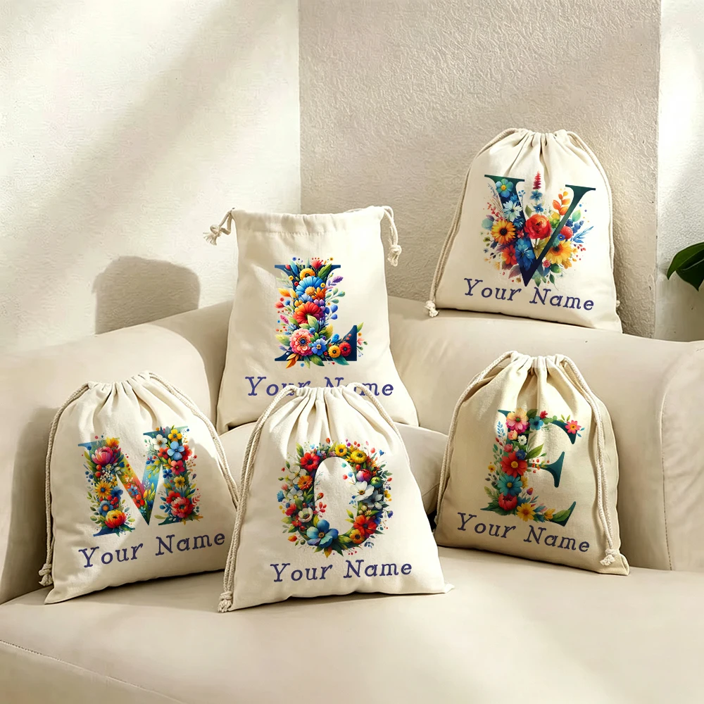 Personalized Colorful Floral Letter Drawstring Bags Custom Logos Monogram Watercolor Flower Storage Gift Pouches for Women Girls