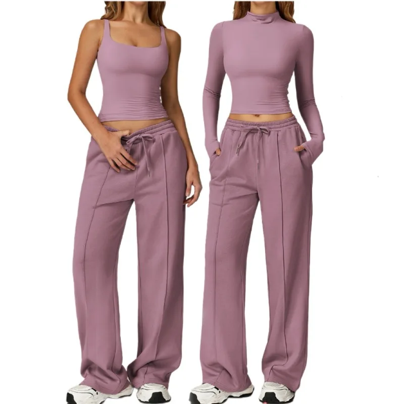 

Комплект с капюшоном для занятий спортом для женщин с высокой талией, широкими штанинами, эффектом похудения, длинными рукавами, комплектом для бега, фитнеса и комфорта