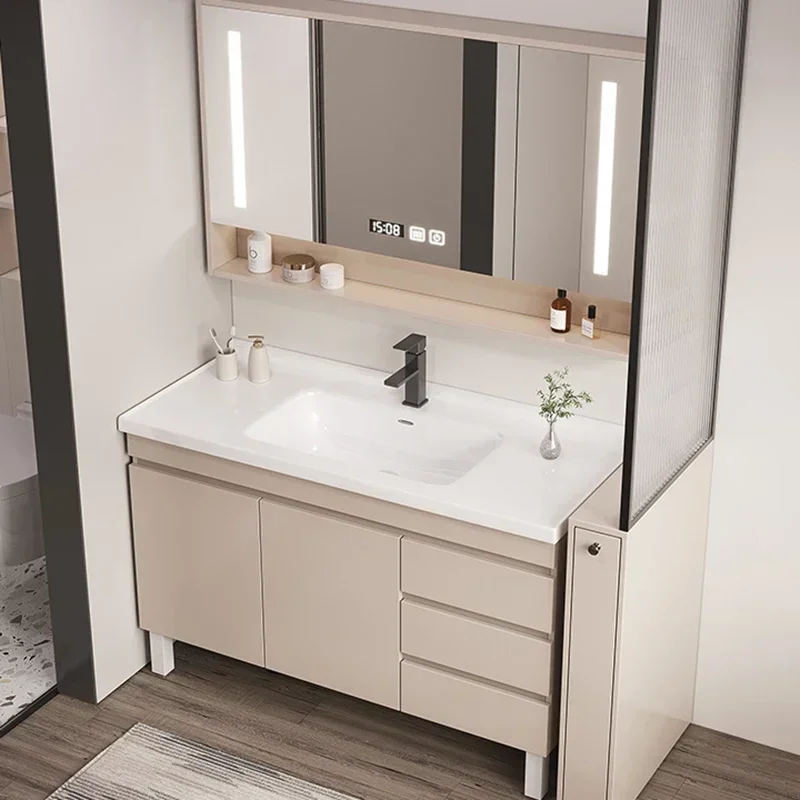 

Chic Solid Wood Basin Bathroom Cabinet Smart Light Mirror Dehuminification Ceramics Integrated Modern Furniture Floor
