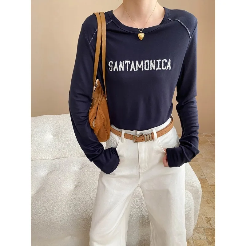 

Women Embroidered Letter T-shirt Autumn Round Neck Color-Block Long Sleeve Korean Casual Tops