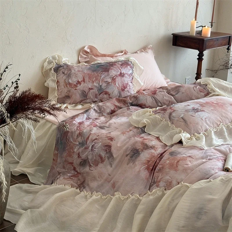 1000TC Egyptian Cotton Vintage Flowers Print Lace Ruffles Princess Bedding Set Duvet Cover Bed Skirt Bedspread Pillowcases 4Pcs