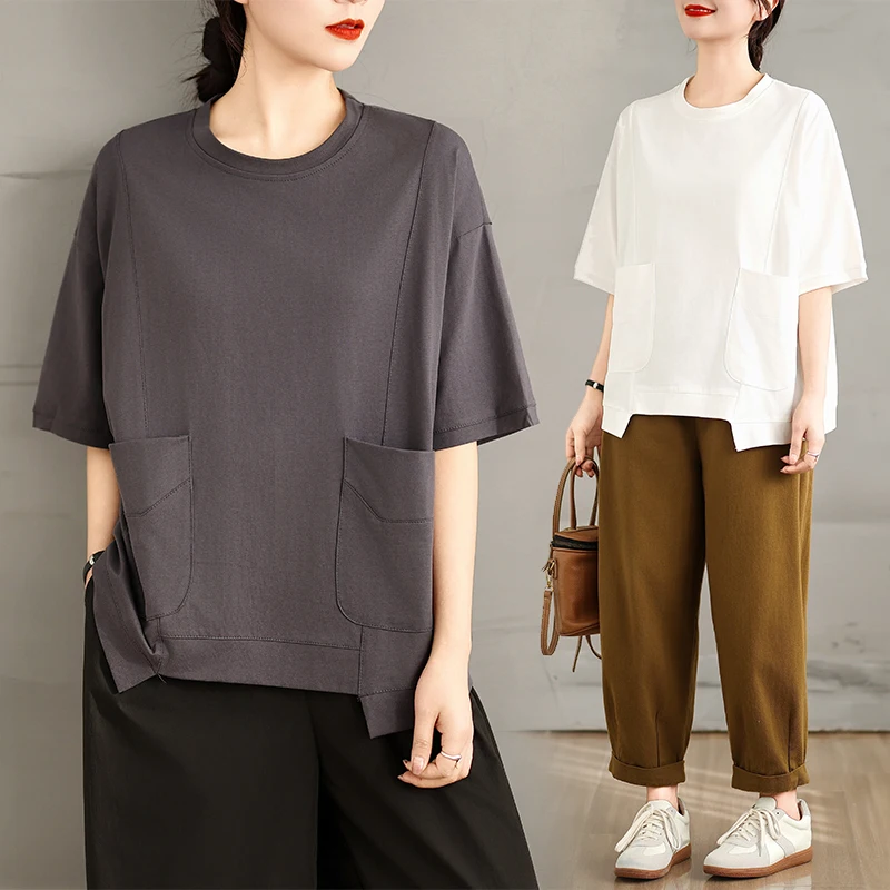 

Summer New Women's Loose Casual Pure Color ort Sve T-irt with Big kets Versatile Top for plus Size Faion