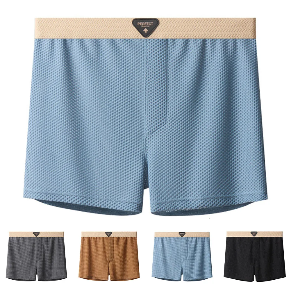 Men Plaid Long Leg Boxer Shorts Loose Breathable Mesh Underwear For Home Sleep Daily Wear Soft High Elastic Underpants Trunks