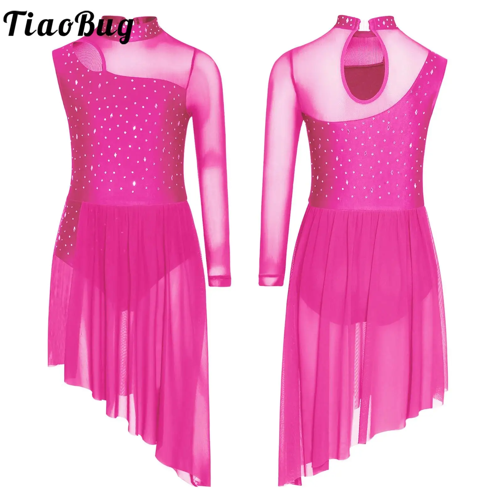 

Kid Girls Gymnastics Figure Skating Dress Lyrical Dance Costume Side Split Sheer Mesh Ruched Glittery Rhinestones Leotards Dress