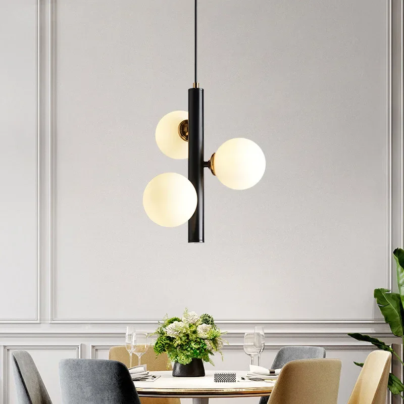 Nordic Minimalist 3-head Glass Ball Pendant Light Black White Metal Hanging Lamp Bedroom Study Bar Decoration Lighting Fixtures