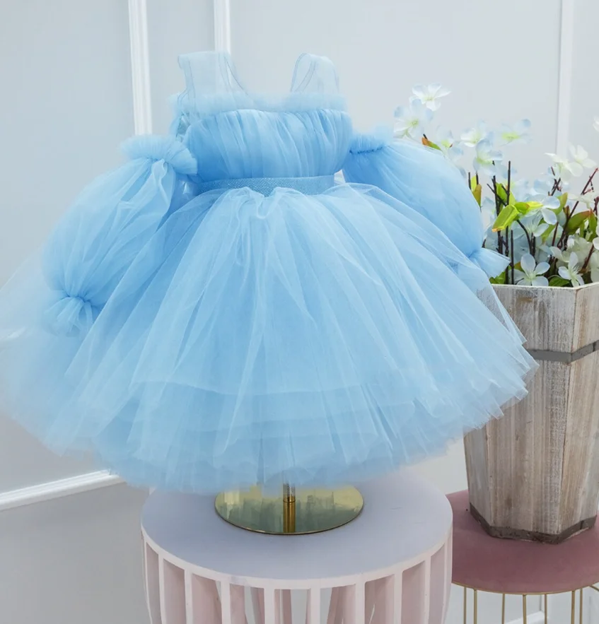 

Blue Long Sleeve Flower Girl Dress Sheer Neck Tiered Puffy Tutu Outfit Kid Pageant Special Occasion Dress Birthday Prom Gowns