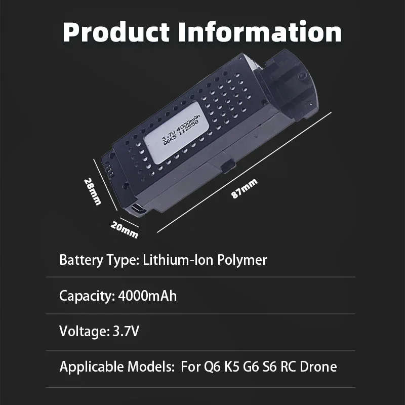 Batería de Dron K5 Q6, 3,7 V, repuesto de baterías de vuelo G6 S6, celdas li-po de 4000mAh para accesorios de repuesto de cuadricóptero 8K RC